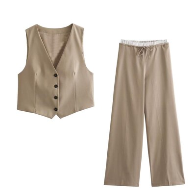 Ženski komplet hlača Ljeto 2024. Novi 2-dijelni set Tanko odijelo s hlačama s elastičnim V-izrezom u struku Chic Blagdansko odijelo za ulično slobodno vrijeme