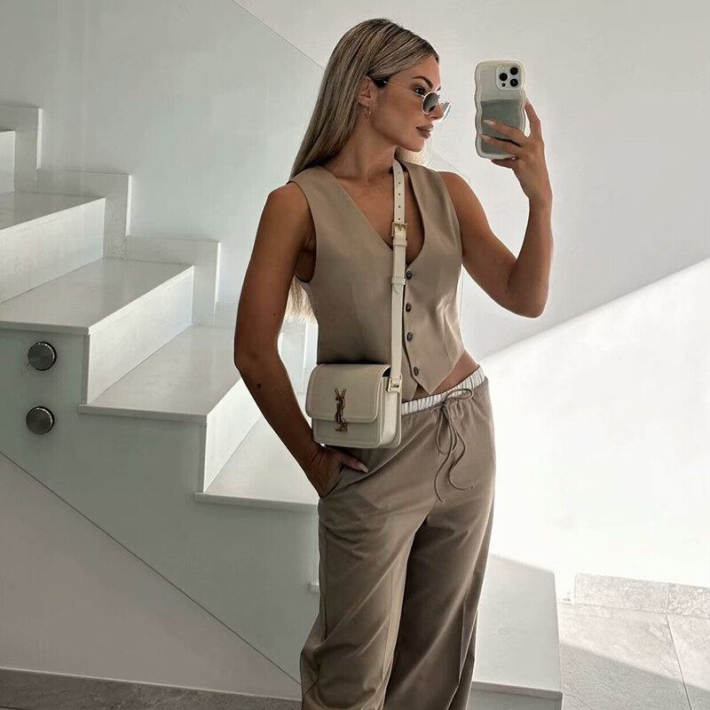 Ženski komplet hlača Ljeto 2024. Novi 2-dijelni set Tanko odijelo s hlačama s elastičnim V-izrezom u struku Chic Blagdansko odijelo za ulično slobodno vrijeme