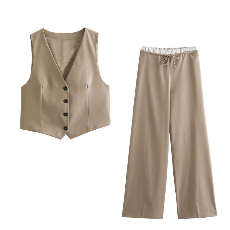 Ženski komplet hlača Ljeto 2024. Novi 2-dijelni set Tanko odijelo s hlačama s elastičnim V-izrezom u struku Chic Blagdansko odijelo za ulično slobodno vrijeme
