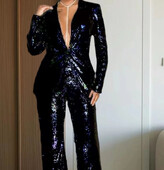 Divdaļīgs spīdīgs žakete komplekts sievietēm, jaka ar fliteriem, pērlītēm, augšējais un bikškostīms, mētelis ar garām piedurknēm, platas bikses, Bling apģērbs