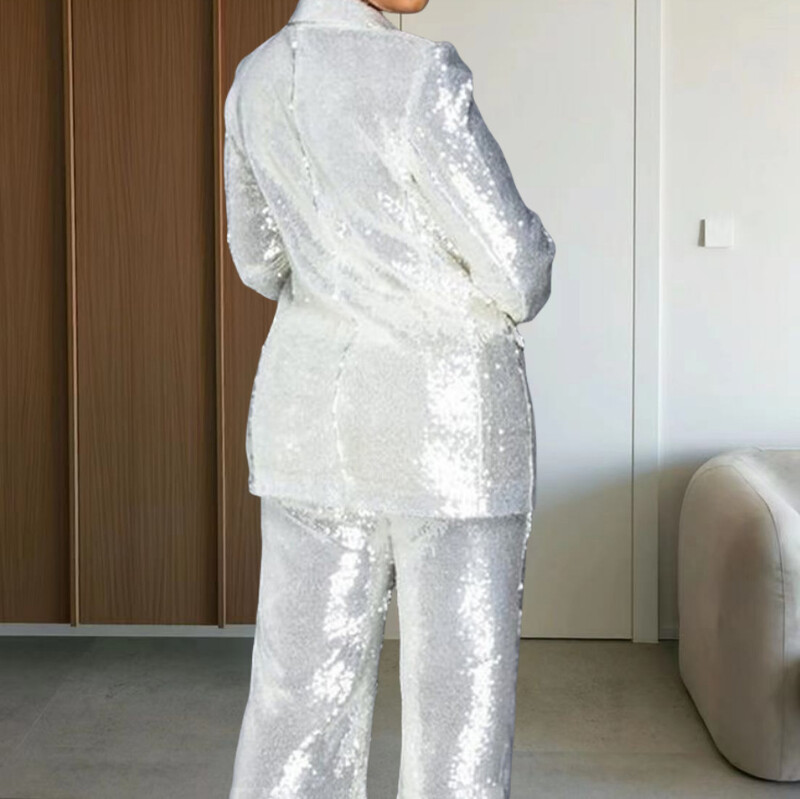 Divdaļīgs spīdīgs žakete komplekts sievietēm, jaka ar fliteriem, pērlītēm, augšējais un bikškostīms, mētelis ar garām piedurknēm, platas bikses, Bling apģērbs