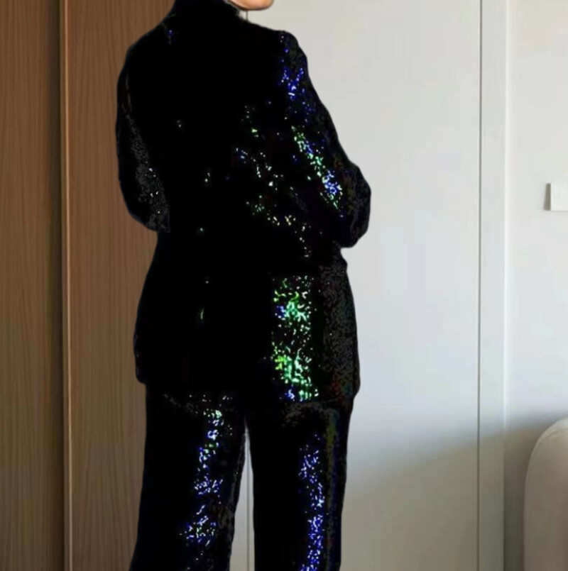 Divdaļīgs spīdīgs žakete komplekts sievietēm, jaka ar fliteriem, pērlītēm, augšējais un bikškostīms, mētelis ar garām piedurknēm, platas bikses, Bling apģērbs