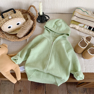 Pulóver Gyerekruházat Kardigán Őszi új koreai kapucnis kötés bő kabát cipzáros ing baba egyszínű 2024 tömör