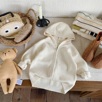 Pulóver Gyerekruházat Kardigán Őszi új koreai kapucnis kötés bő kabát cipzáros ing baba egyszínű 2024 tömör