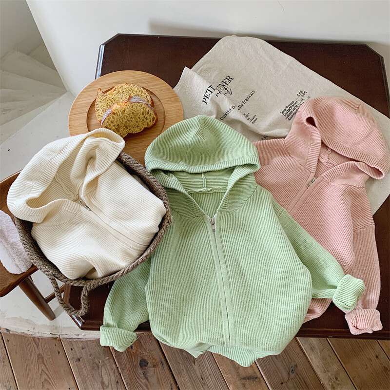 Pulóver Gyerekruházat Kardigán Őszi új koreai kapucnis kötés bő kabát cipzáros ing baba egyszínű 2024 tömör