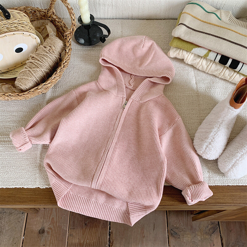 Pulóver Gyerekruházat Kardigán Őszi új koreai kapucnis kötés bő kabát cipzáros ing baba egyszínű 2024 tömör