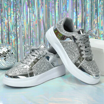 STRONGSHEN Γυναικεία αθλητικά παπούτσια Shining Glitter Casual Fashion Platform Trainers Ασημένια παπούτσια περιπάτου για ζευγάρια Γυναικεία παπούτσια τένις Unisex