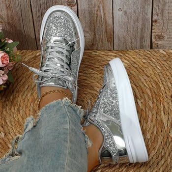 STRONGSHEN Γυναικεία αθλητικά παπούτσια Shining Glitter Casual Fashion Platform Trainers Ασημένια παπούτσια περιπάτου για ζευγάρια Γυναικεία παπούτσια τένις Unisex