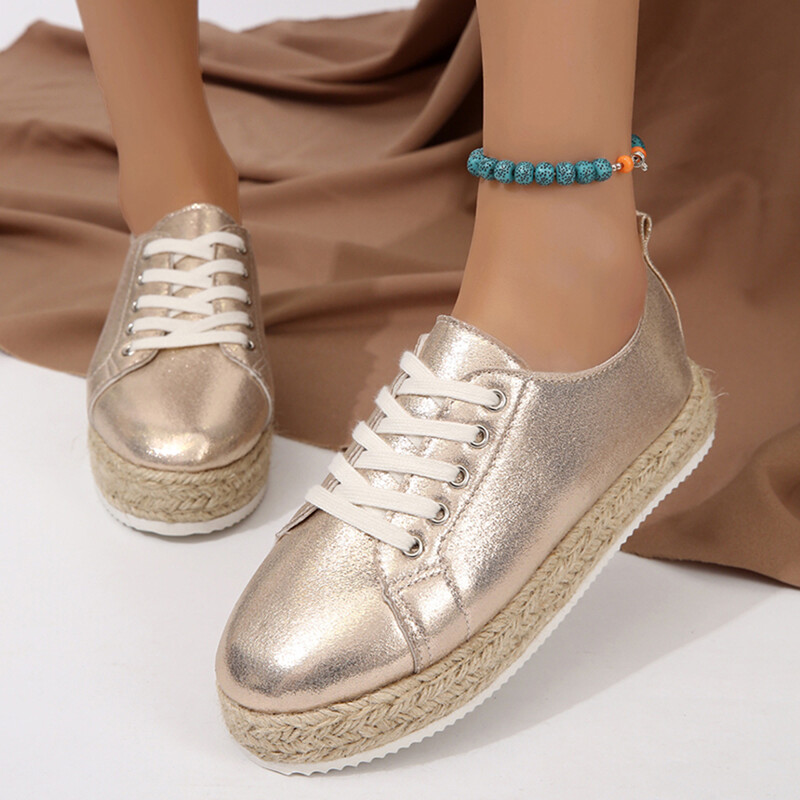 Ленено дъно с връзки Единични обувки Дамски обувки на платформа Златни ниски дишащи бордови обувки Ежедневни вулканизирани обувки Дамски