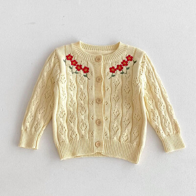 2024-es őszi kisgyermek kötött kardigán baba lányoknak százszorszép hímzés O-gallérral, hosszú ujjú, egysoros felsőruházat alkalmi felsőruházat