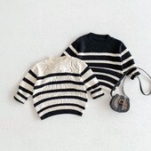 2024. ősz, új gyermek hosszú ujjú pulóver fiúknak, alkalmi kötött felsők, lányok, sokoldalú, csíkos kötöttáru, gyerekpulóver