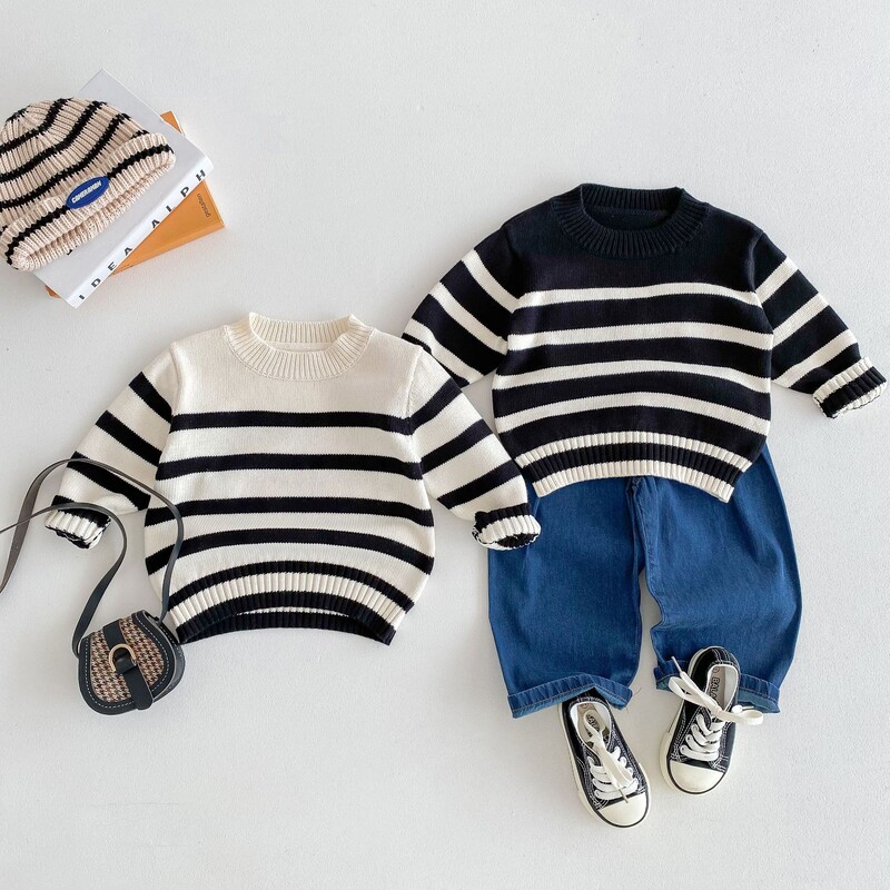 2024. ősz, új gyermek hosszú ujjú pulóver fiúknak, alkalmi kötött felsők, lányok, sokoldalú, csíkos kötöttáru, gyerekpulóver