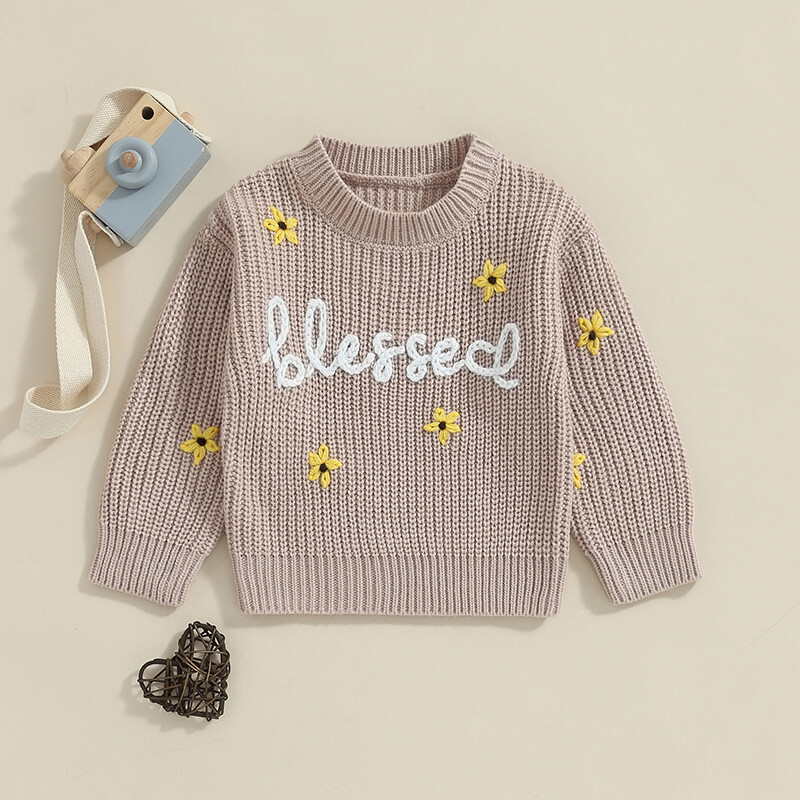 FOCUSNORM 0-3Y Есен Зима Бебешки пуловер за момичета 2 цвята с дълъг ръкав и кръгло деколте, флорални буквени бродерии, плетени пуловери