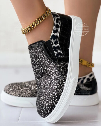 Αθλητικά παπούτσια Γυναικεία Leopard Print Contrast Sequin Slip-On Γυναικεία φλατ Γυναικεία αθλητικά παπούτσια Αθλητικά παπούτσια από βουλκανιζέ κρυστάλλινα loafers