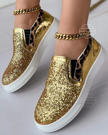 Αθλητικά παπούτσια Γυναικεία Leopard Print Contrast Sequin Slip-On Γυναικεία φλατ Γυναικεία αθλητικά παπούτσια Αθλητικά παπούτσια από βουλκανιζέ κρυστάλλινα loafers