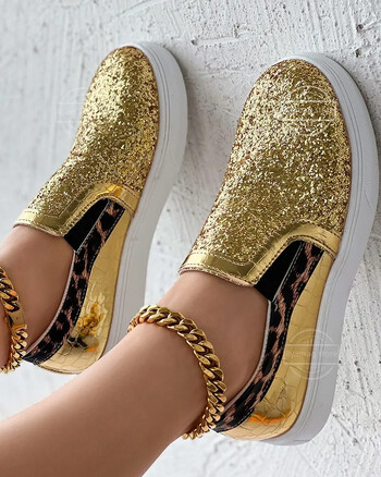 Αθλητικά παπούτσια Γυναικεία Leopard Print Contrast Sequin Slip-On Γυναικεία φλατ Γυναικεία αθλητικά παπούτσια Αθλητικά παπούτσια από βουλκανιζέ κρυστάλλινα loafers