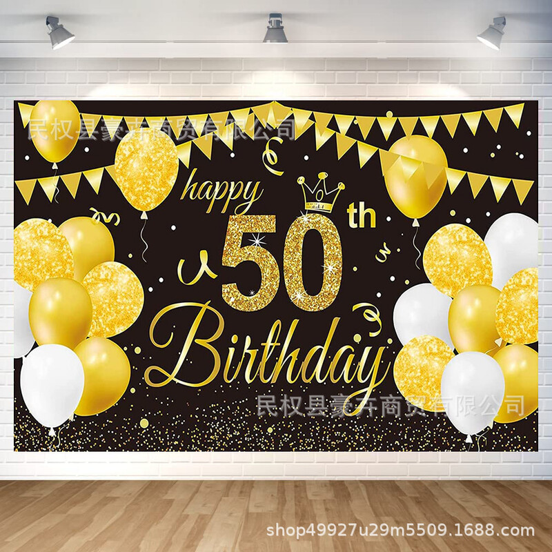 Határon átnyúló fekete arany 50. születésnapi háttérszövet fekete arany léggömb flitterek 50. születésnapi dekoráció zászló függő sármány