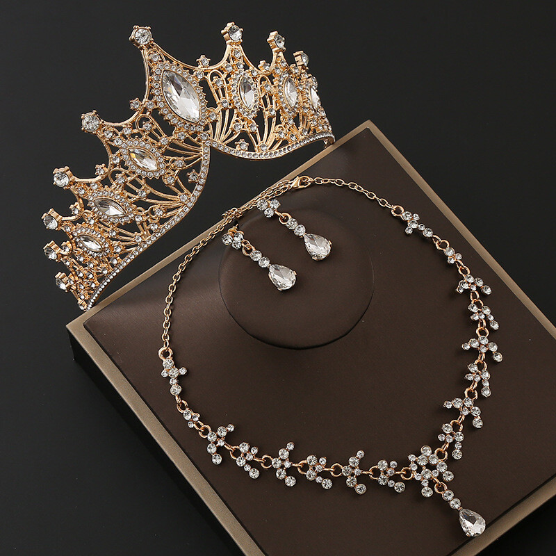 Európai és amerikai ötvözet menyasszony három részes szett, nyaklánc, fülbevaló, sapka, téli esküvői haj kiegészítők, piros esküvői ruha, korona, új