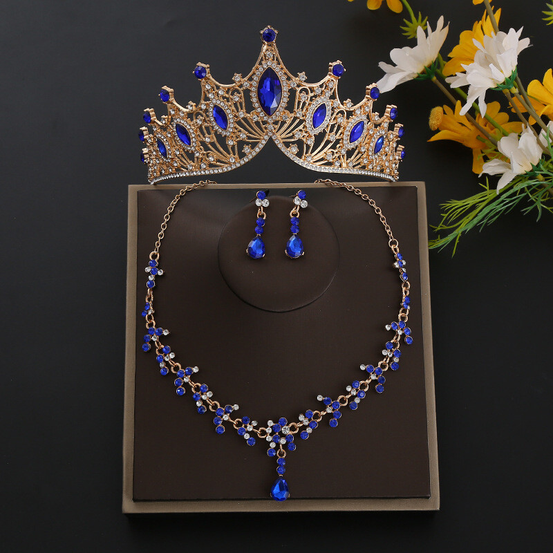 Európai és amerikai ötvözet menyasszony három részes szett, nyaklánc, fülbevaló, sapka, téli esküvői haj kiegészítők, piros esküvői ruha, korona, új