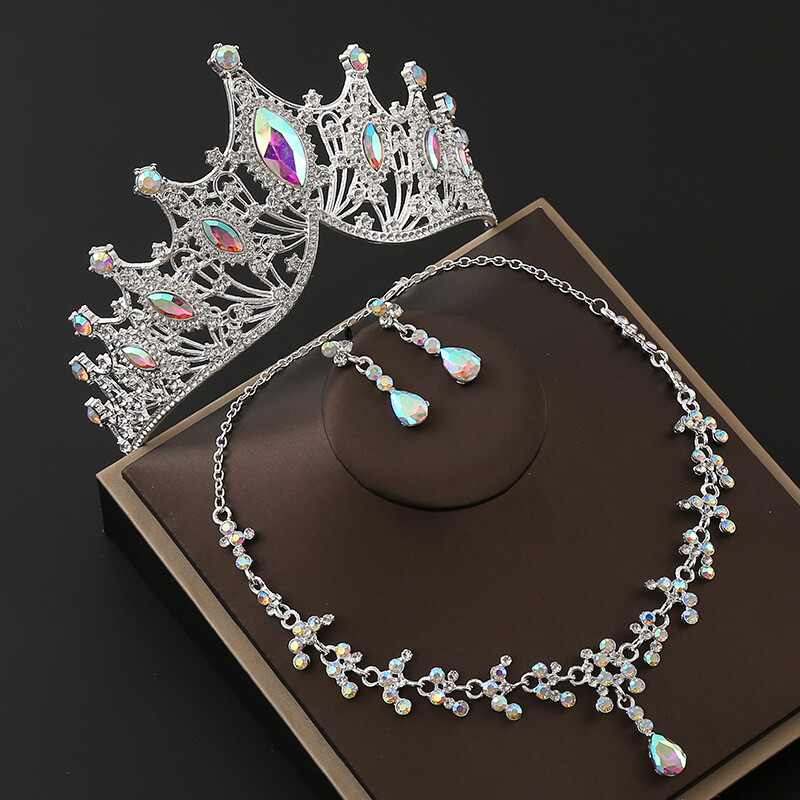 Európai és amerikai ötvözet menyasszony három részes szett, nyaklánc, fülbevaló, sapka, téli esküvői haj kiegészítők, piros esküvői ruha, korona, új