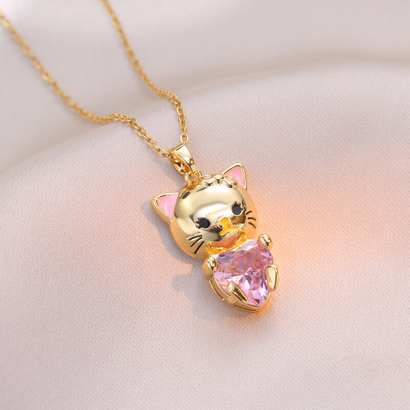 Necklace for women cross-border fashion new cute cartoon cat pink zircon pendant necklace European and American fashion accessories