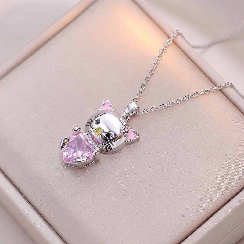 Sieviešu kaklarota pārrobežu modes jauna jauka multfilma kaķis rozā cirkona kulons kaklarota Eiropas un Amerikas modes aksesuāri