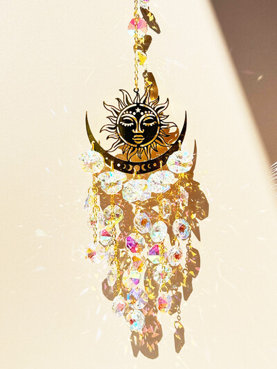 1бр пламък слънчева усмивка Crystal Suncatcher, стъклена призма Suncatcher, стикер за прозорци, висяща декорация, фън шуй декорация на дома
