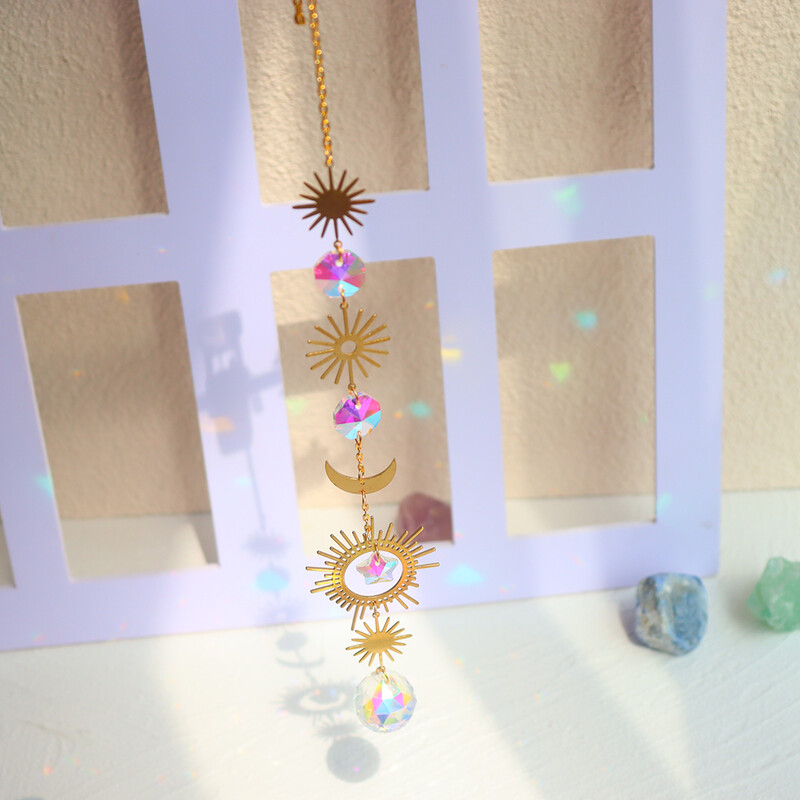 Kristály szélcsengő napfényfogó medál gyémánt prizmák nap hold díszek ablak függő szélcsengő otthoni kert dekoráció