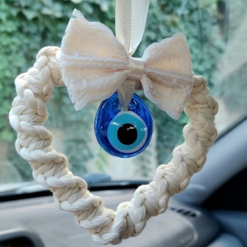 Bohém stílusú, kézzel készített színes pamutszál pillangós masni kék szemek akasztós dekoráció otthoni falra és autóbelső amulettre