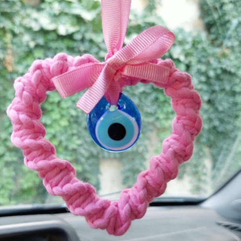 Bohém stílusú, kézzel készített színes pamutszál pillangós masni kék szemek akasztós dekoráció otthoni falra és autóbelső amulettre