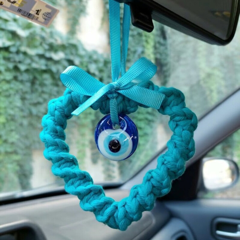 Bohém stílusú, kézzel készített színes pamutszál pillangós masni kék szemek akasztós dekoráció otthoni falra és autóbelső amulettre