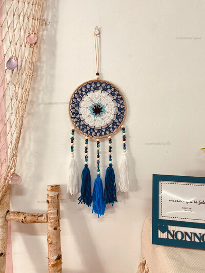 20 cm-es kör alakú vasgyűrű bohém színes bojt Álomfogó háló Gonosz szemek fa bot Otthoni dekoráció fali szélcsengő