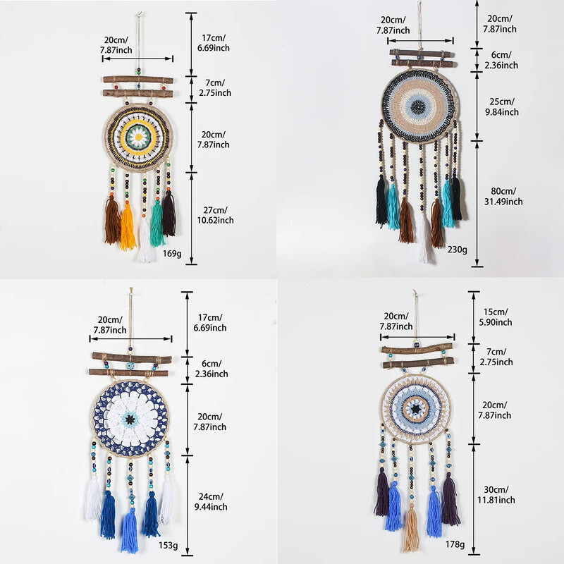20 cm-es kör alakú vasgyűrű bohém színes bojt Álomfogó háló Gonosz szemek fa bot Otthoni dekoráció fali szélcsengő