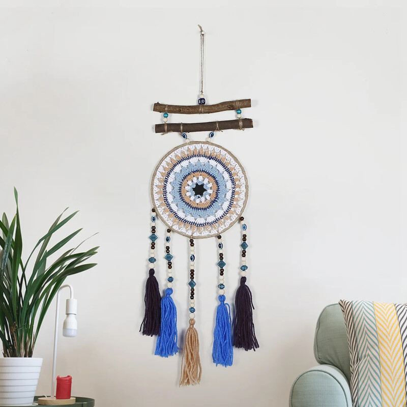 20 cm-es kör alakú vasgyűrű bohém színes bojt Álomfogó háló Gonosz szemek fa bot Otthoni dekoráció fali szélcsengő