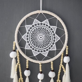 Macrame Wall Hanging Dream Catcher Μεγάλη φυσική Hairball (χάντρες με φούντα)