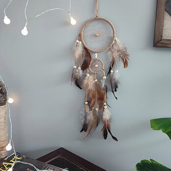 1 PC Indian Dream Catcher με καφέ φτερά - Αξεσουάρ κρεβατοκάμαρας Dream Catcher που κρέμονται στον τοίχο - Wind Chime Dream Catcher