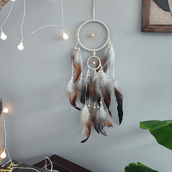 1 PC Indian Dream Catcher με καφέ φτερά - Αξεσουάρ κρεβατοκάμαρας Dream Catcher που κρέμονται στον τοίχο - Wind Chime Dream Catcher