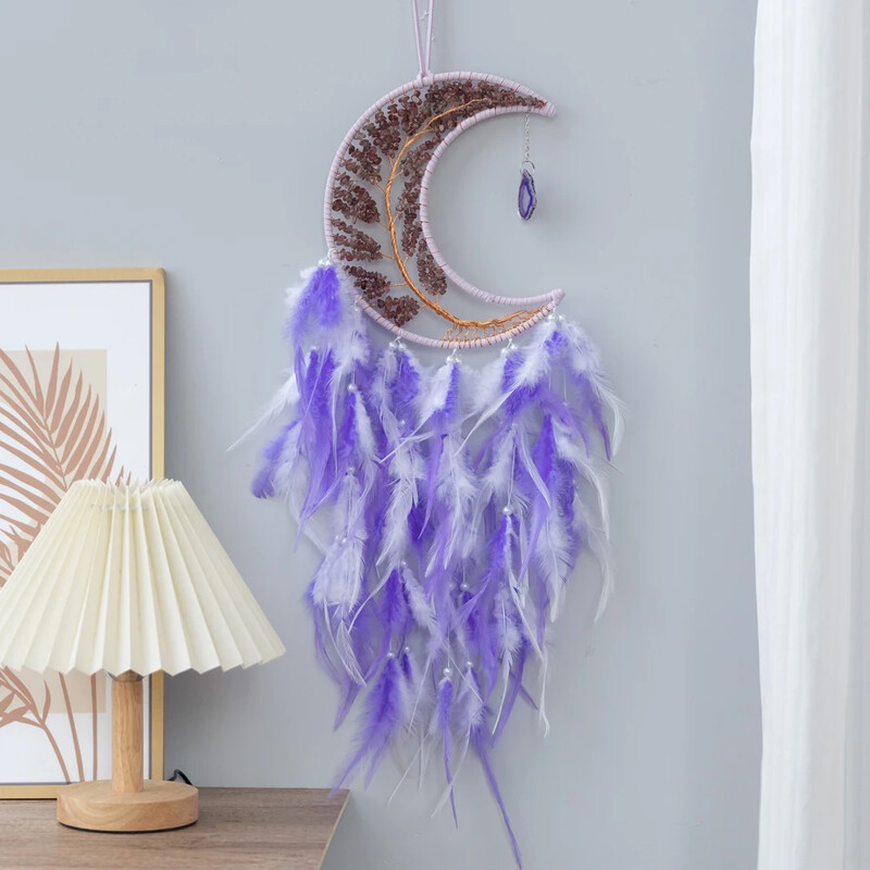 Feather Dream Catcher kristály kavicsos hold falra akasztó kézzel készített életfa Álomfogó nappali dekoráció születésnapi ajándék