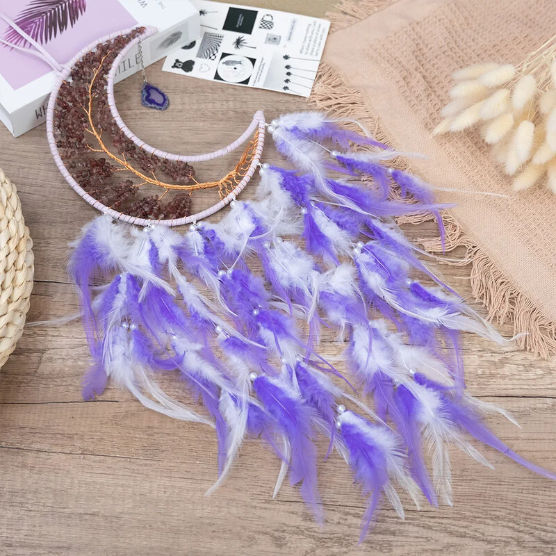 Feather Dream Catcher kristály kavicsos hold falra akasztó kézzel készített életfa Álomfogó nappali dekoráció születésnapi ajándék
