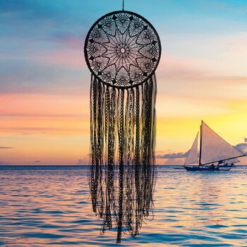 Μαύρος ιστός αράχνης Στρογγυλός Macrame Dream Catcher LED Διακόσμηση τοίχου Boho Διακόσμηση Υπνοδωματίου Σπιτιού Διακόσμηση τοίχου Δώρο για τη γιορτή της μητέρας