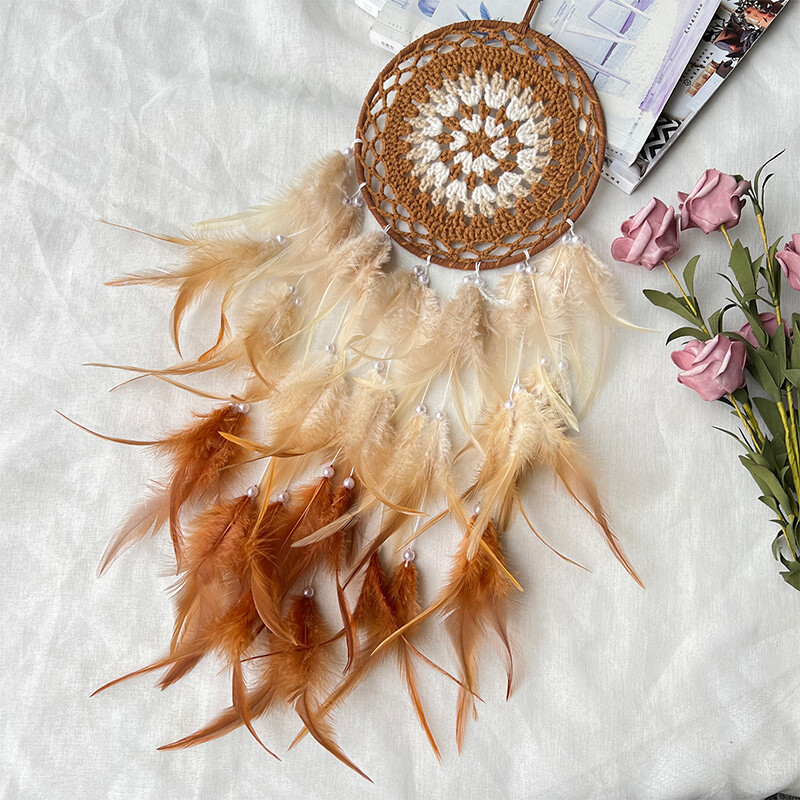 Apărător de vise croșetat, țesut manual, clopoțel de vânt cu pene colorate, fundal creativ pentru sufragerie, ornamente pentru agățat pe perete, decor acasă