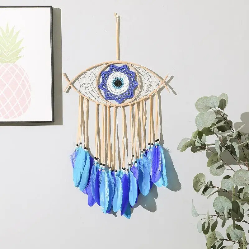 Kétrétegű toll Evil Eye Dream Catcher nagykereskedés Lakásdekorációk Kézzel készített ajándékok Diákajándékok Függesztett szélcsengő