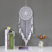 Apărător de vise cu pene albe, agățat pe perete, decor de cameră, croșetat, de dimensiune mare, prins de vise, accesorii delicate pentru decorarea casei