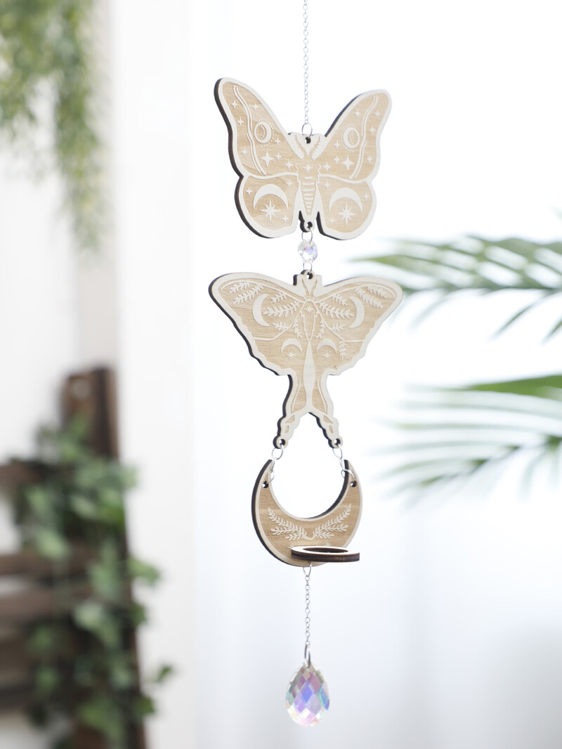 Fluture din lemn Faza lunii Agățat pe perete Boho Mystic Butterfly Decor lucrat manual de perete din lemn Artă spirituală Witchy Home Decor