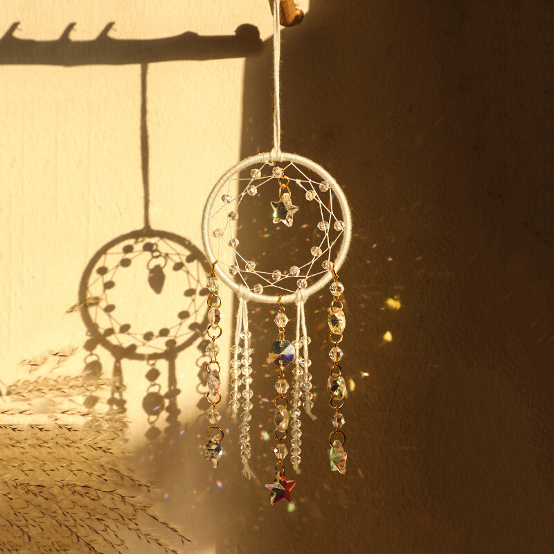 Természetes kavicsos hold kör alakú álomfogó háló kristály autó függő Romantikus otthon fali napfogó hangulat dekoráció