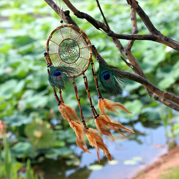 Dream Catcher Φτερά Peacock Handmade Bohemian Colored Feathers Bamboo Circle Dream Net Κρεμαστό Στολίδι Δωματίου Σπιτιού