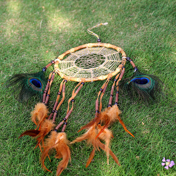 Dream Catcher Φτερά Peacock Handmade Bohemian Colored Feathers Bamboo Circle Dream Net Κρεμαστό Στολίδι Δωματίου Σπιτιού