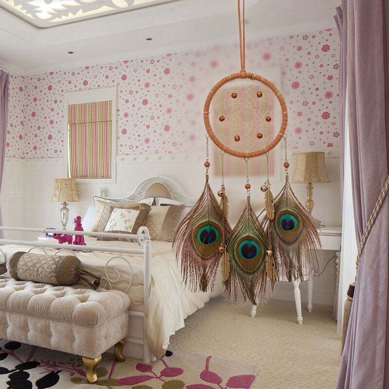 Sapņu ķērājs Pāva spalvas Ar rokām darinātas Bohēmijas krāsainas spalvas Bambusa aplis Sapņu Tīkla piekarināmais ornaments Mājas istabas dekors
