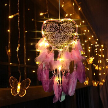 Love Heart Dream Catcher Φωτιστικό LED Χειροποίητο Φτερό Ονειροπαγίδα Κρεμαστή στον τοίχο