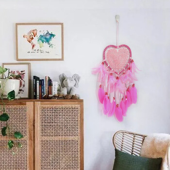 Love Heart Dream Catcher Φωτιστικό LED Χειροποίητο Φτερό Ονειροπαγίδα Κρεμαστή στον τοίχο